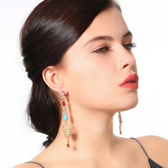 Blue Red Rhinestone Crystal Abstract Gold Dangle Statement Earrings - Picture 2 of 6